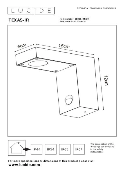 Lucide TEXAS-IR - Wall spotlight / Wall light Indoor/Outdoor - LED - 1x7W 3000K - IP54 - Motion & Day/Night Sensor (deactivatable) - Anthracite - technical